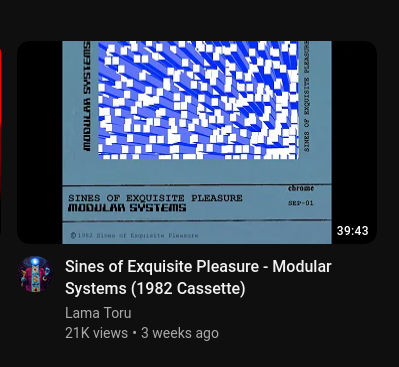 A screenshot of the YouTube upload as it appeared on my feed. The name of the video is "Sines of Exquisite Pleasure - Modular Systems (1982 Cassette)". It was uploaded by called "Lama Toru" and had accumulated 21 thousand views by the time it showed up on my feed.